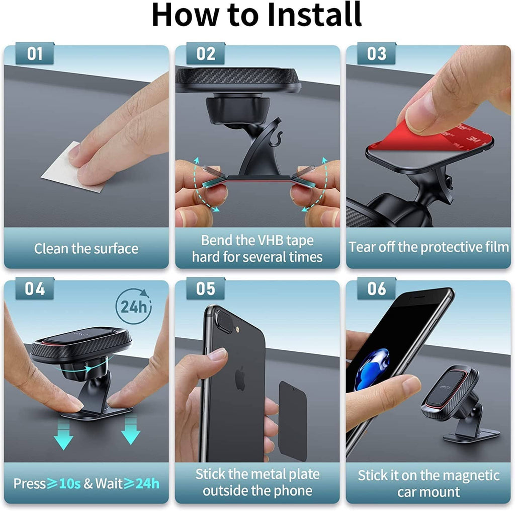 Black car phone mount bracket with instructions steps shown on the packaging