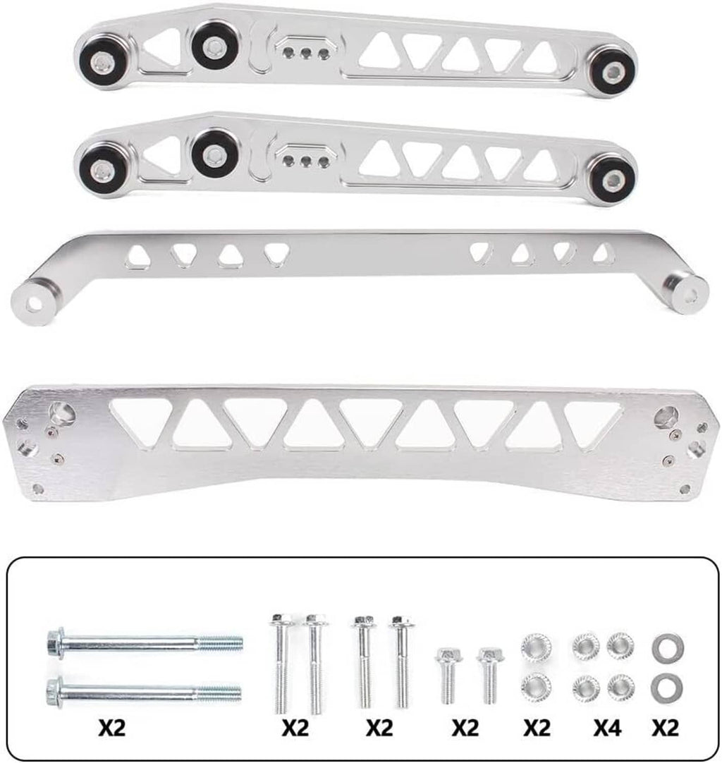 Silver rear brace tie bar and two control arm link assemblies with bushings
