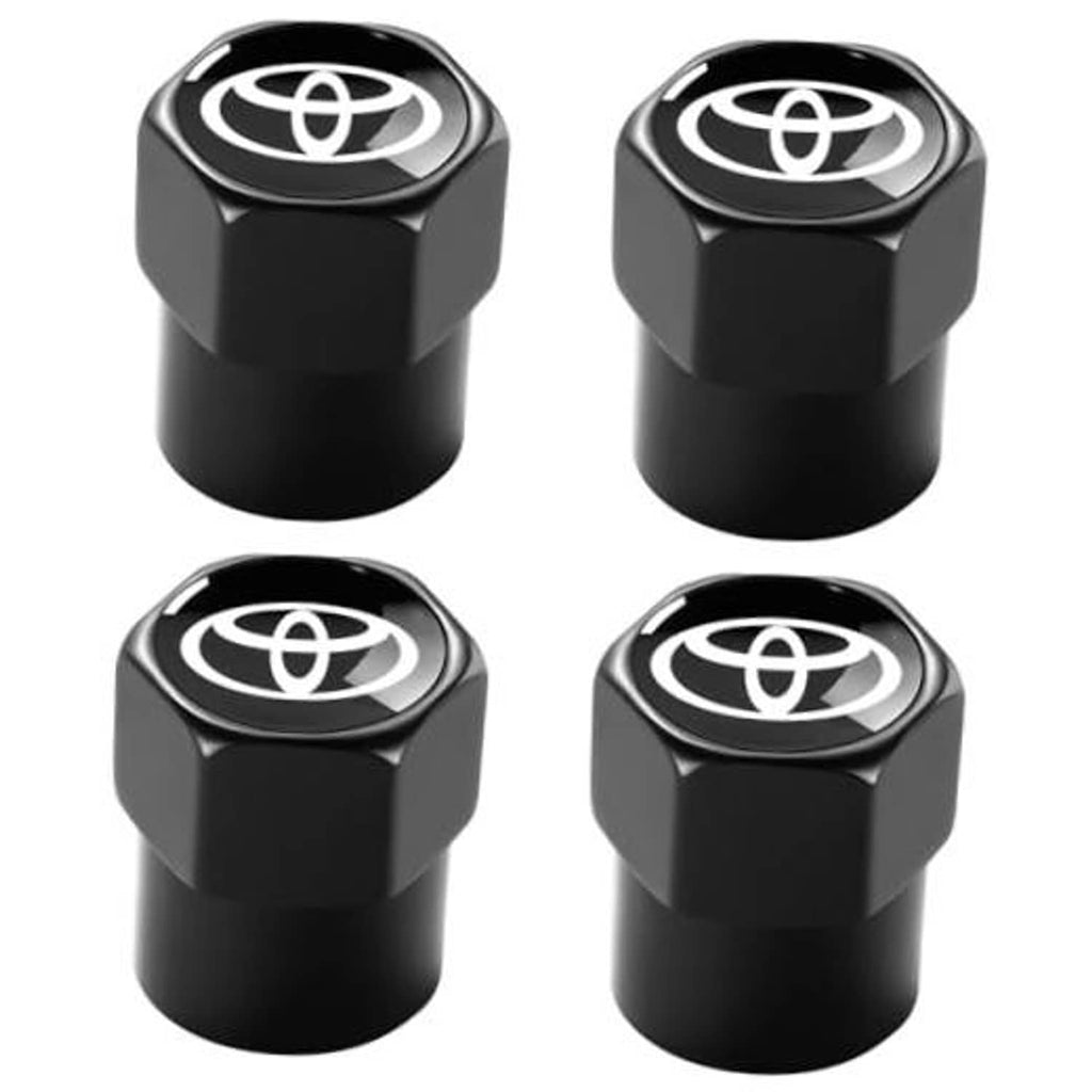 Black metal tire valve stem caps with Toyota emblem, set of four