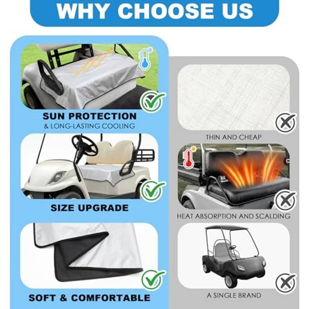 Seat cover benefits infographic with sun protection and comfort icons