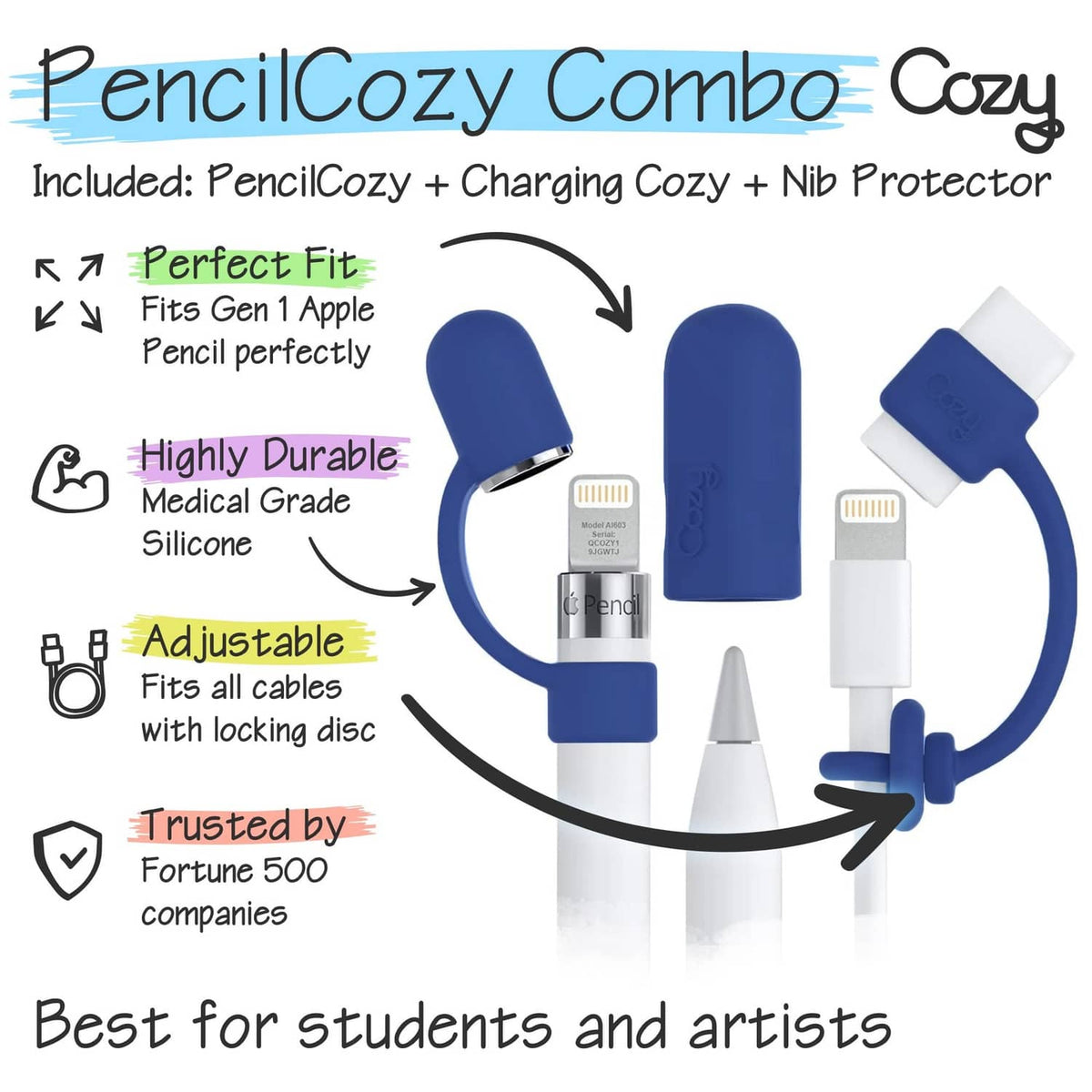 PencilCozy combo set with charging cozy and nib protector, blue silicone