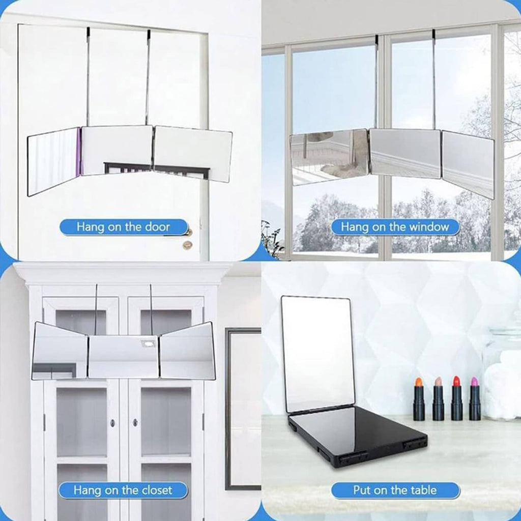 Foldable 3-panel hair cutting mirror with black base and clear reflective screens