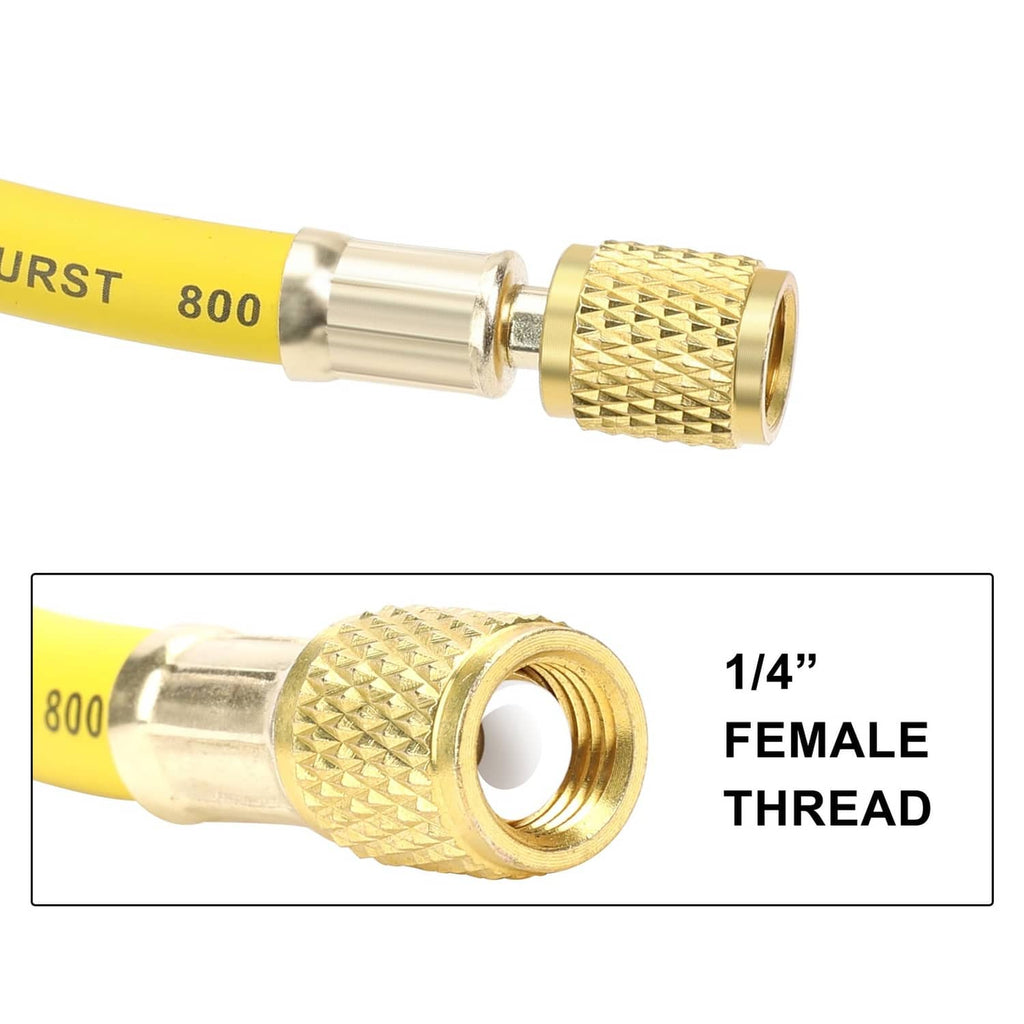 Yellow hose end with gold knurled brass fitting and 1/4 female thread