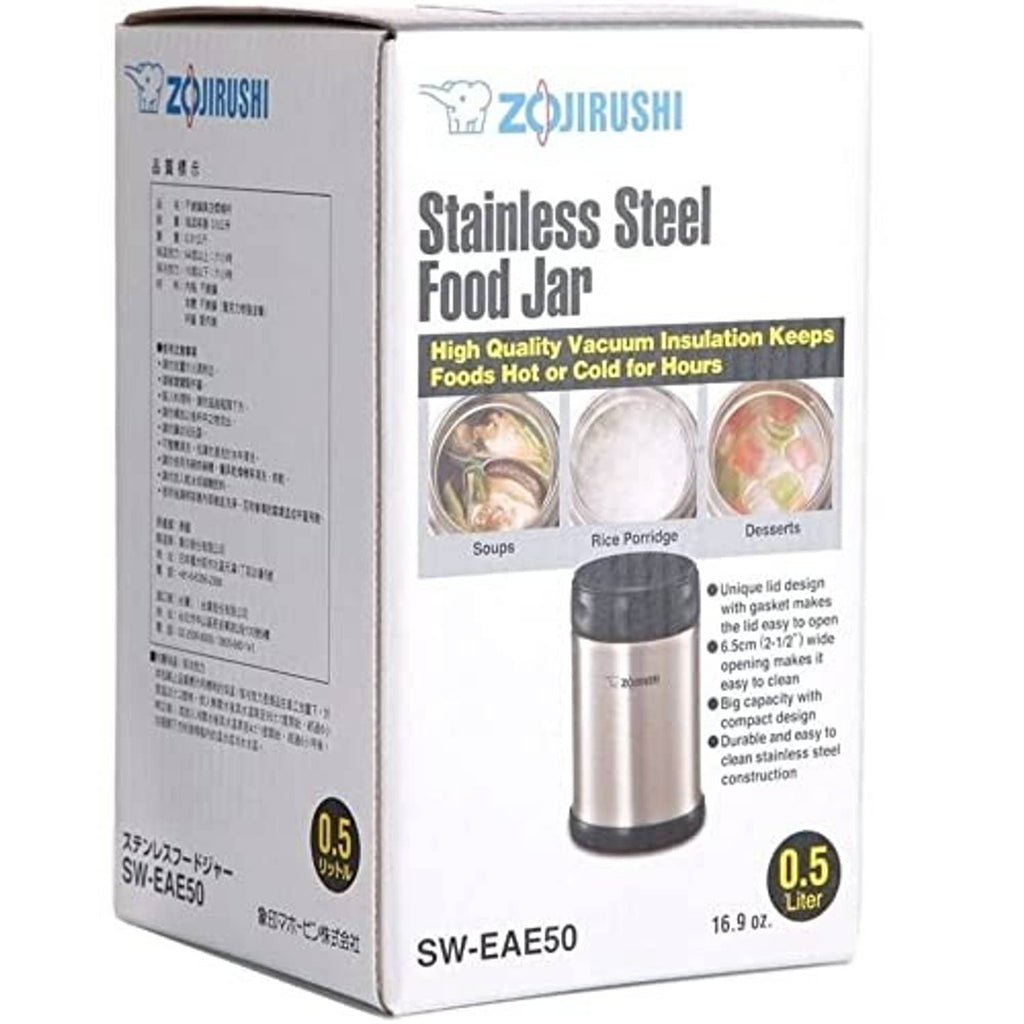 Zojirushi stainless steel food jar, shown with product box