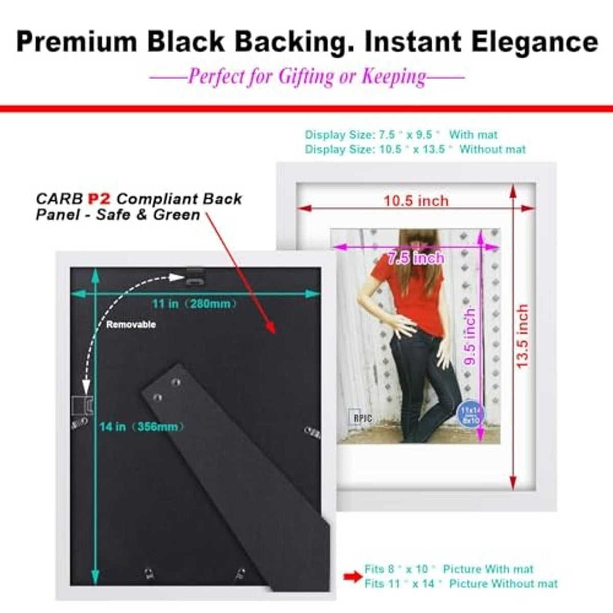 White 11x14 picture frame with black backing panel and size fit diagram