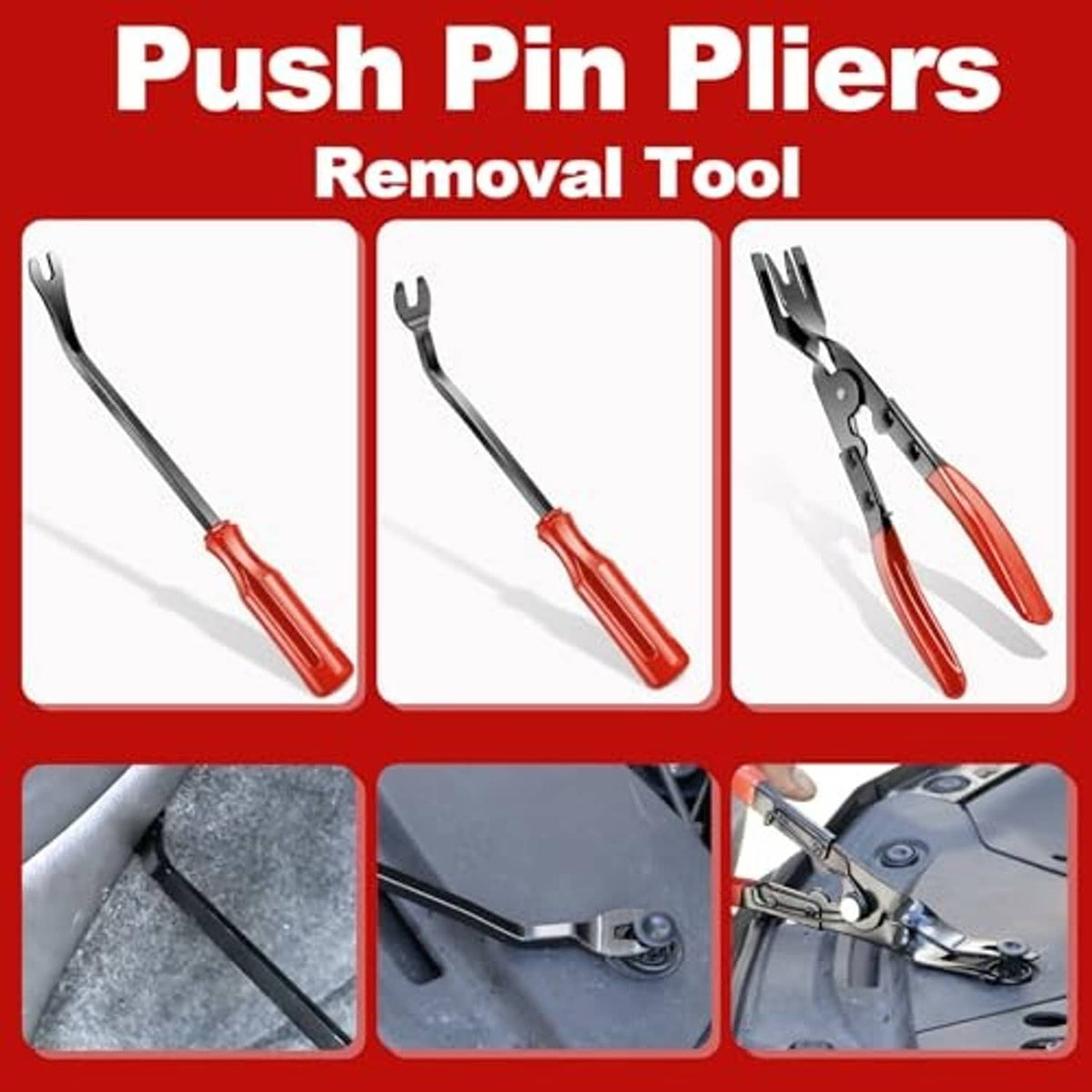 Push pin pliers removal tool with red handle and black spring-loaded jaws