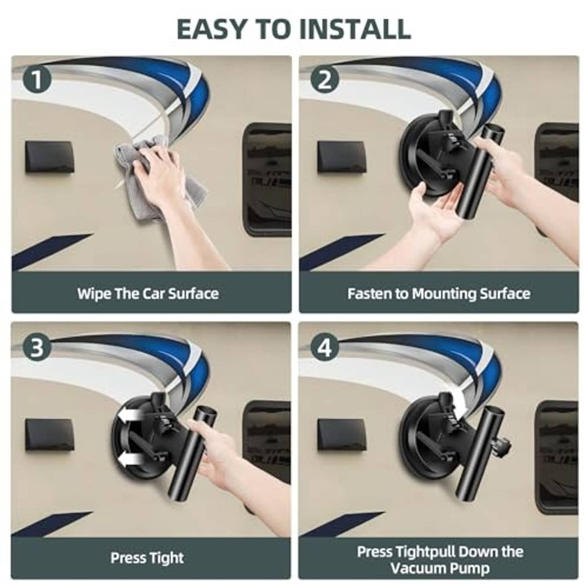 Suction cup flagpole holder installation steps showing mounting and pressing