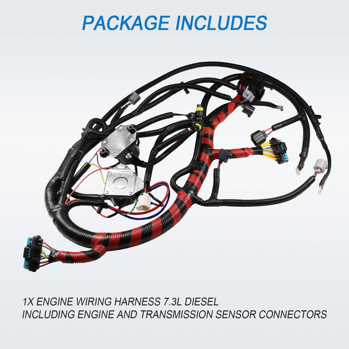 Engine wiring harness kit package view with black cables, red-striped section, multiple sensor plugs