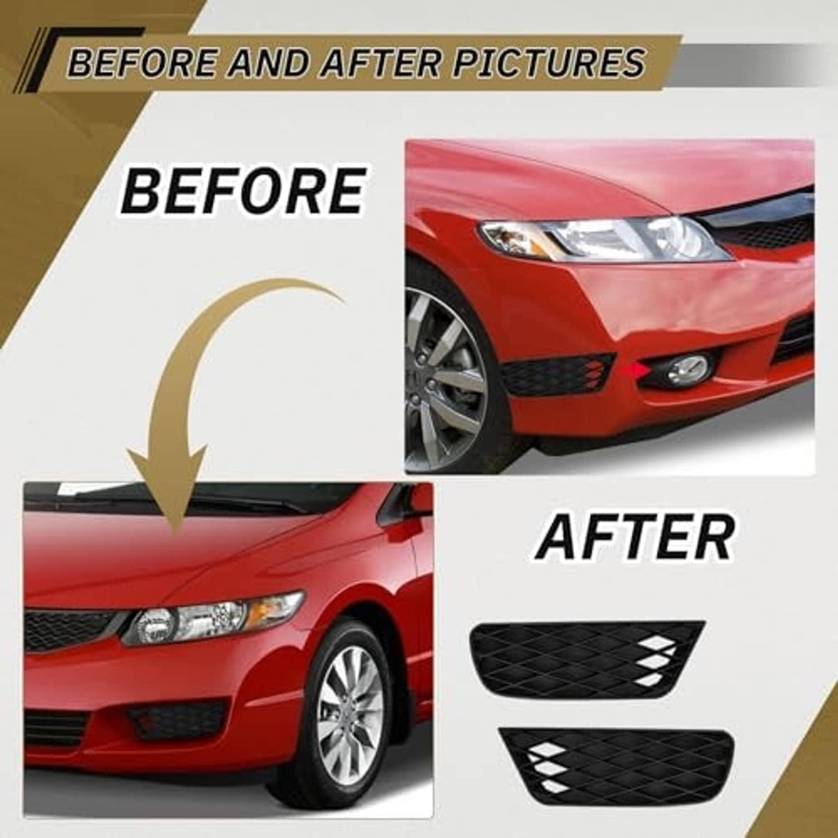 Black fog light cover bezel inserts shown in a before-and-after vehicle front view.