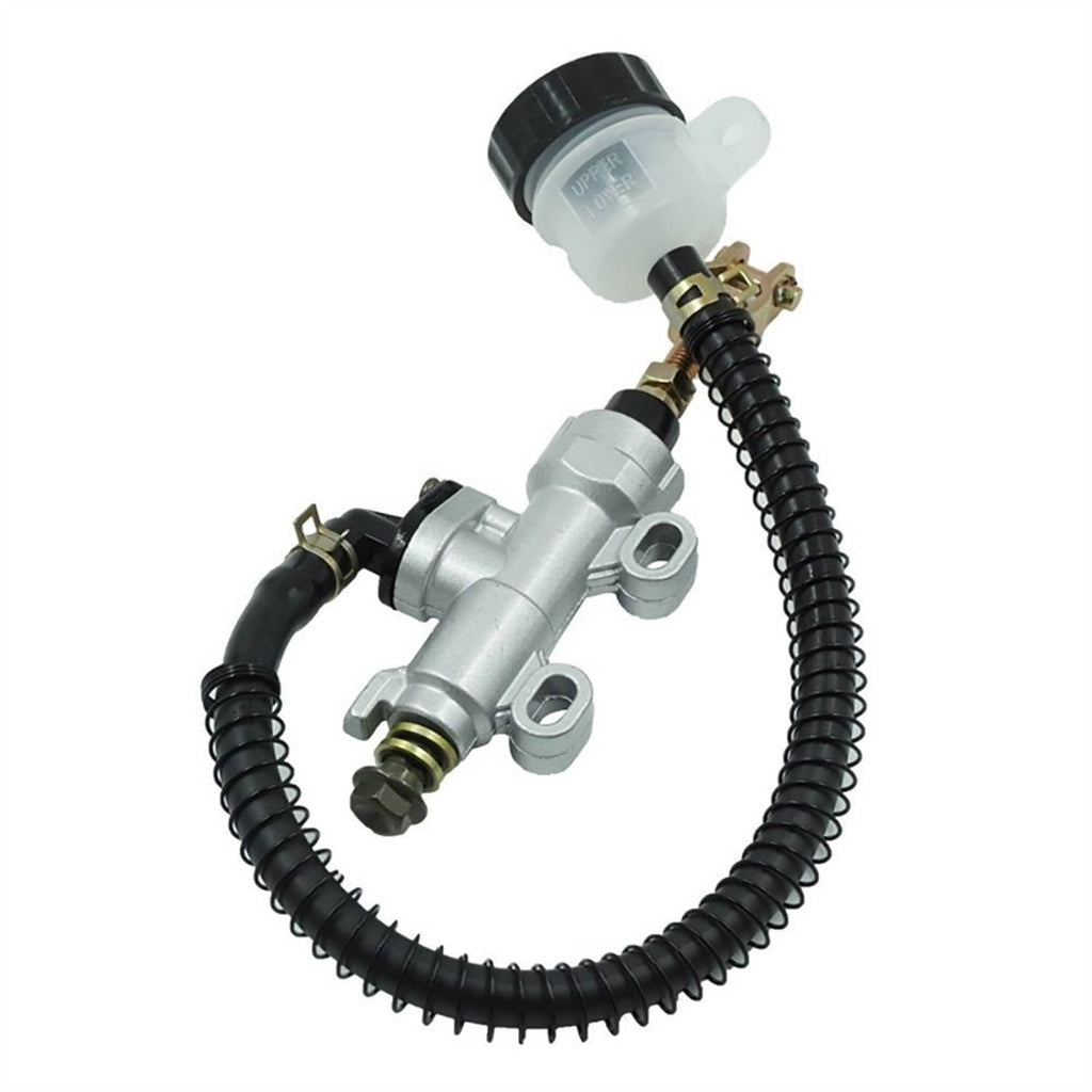 Rear brake master cylinder pump assembly with silver body, black coiled hose, reservoir