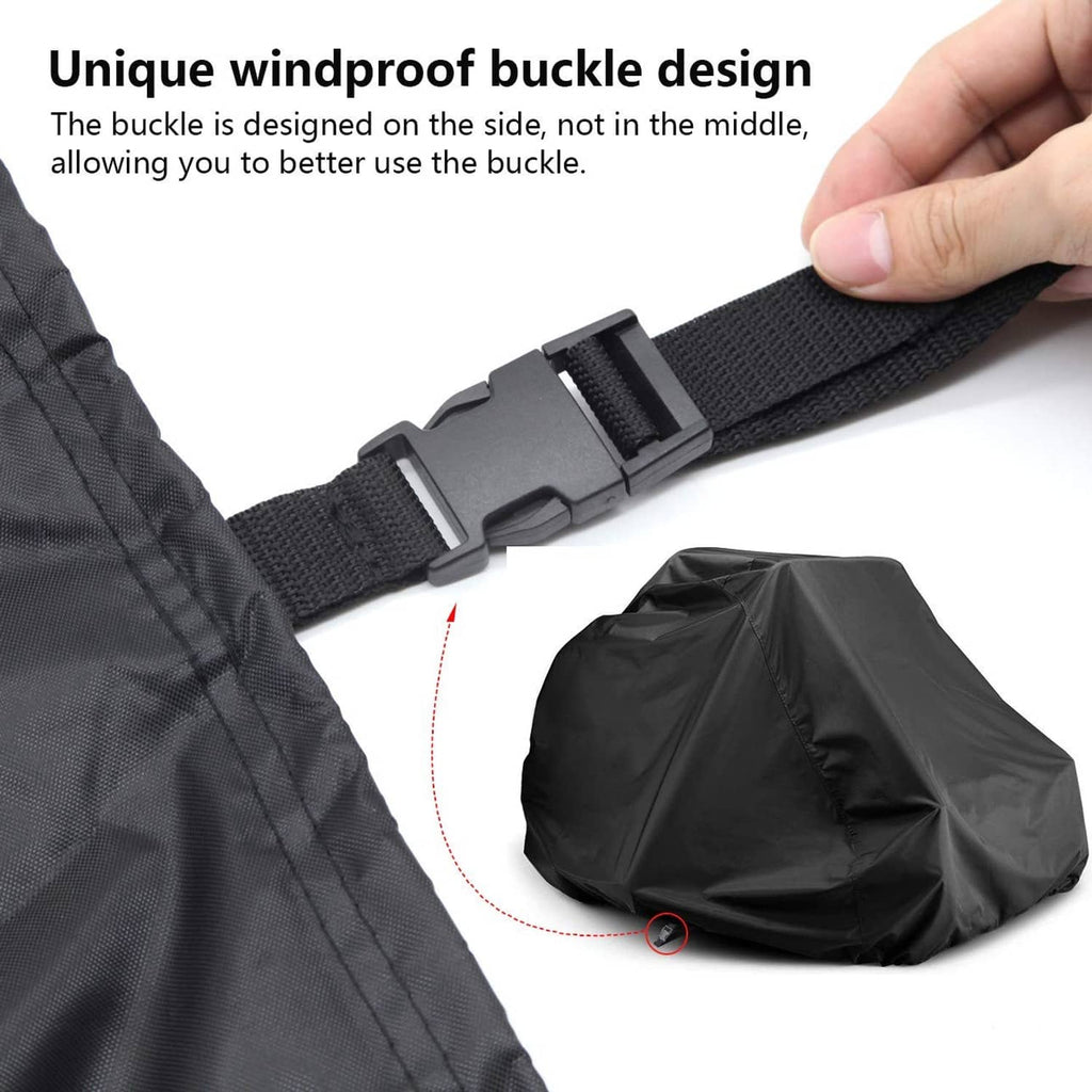 Black zero-turn mower cover strap with windproof buckle and secured edge