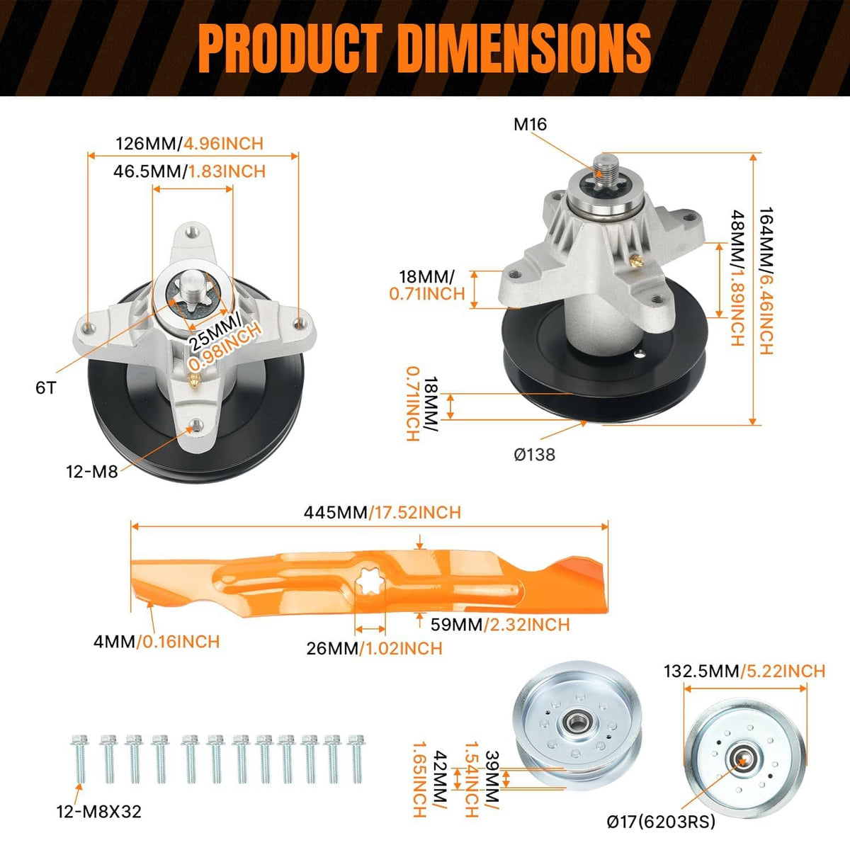 Pulley and belt kit with product dimensions diagram and hardware