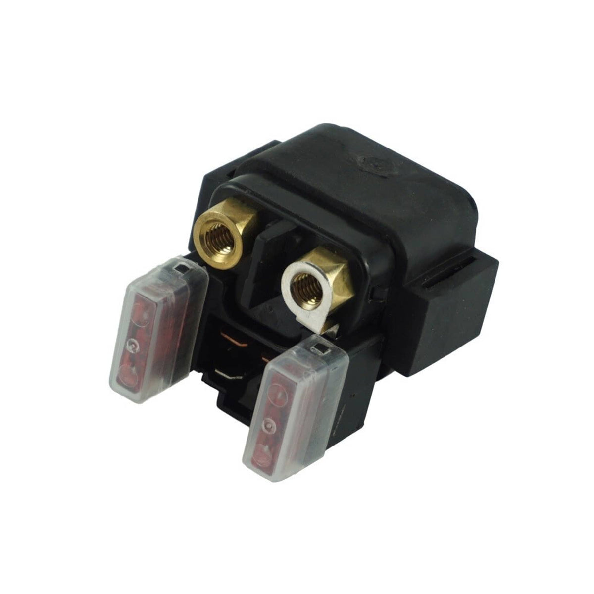 Starter solenoid relay with brass threaded terminals and red-tinted side windows