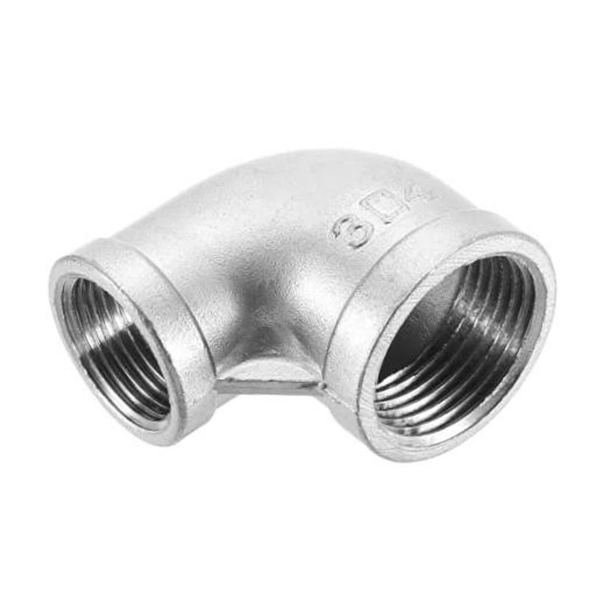 Stainless steel 90° elbow pipe fitting, close-up of internal female PT threads