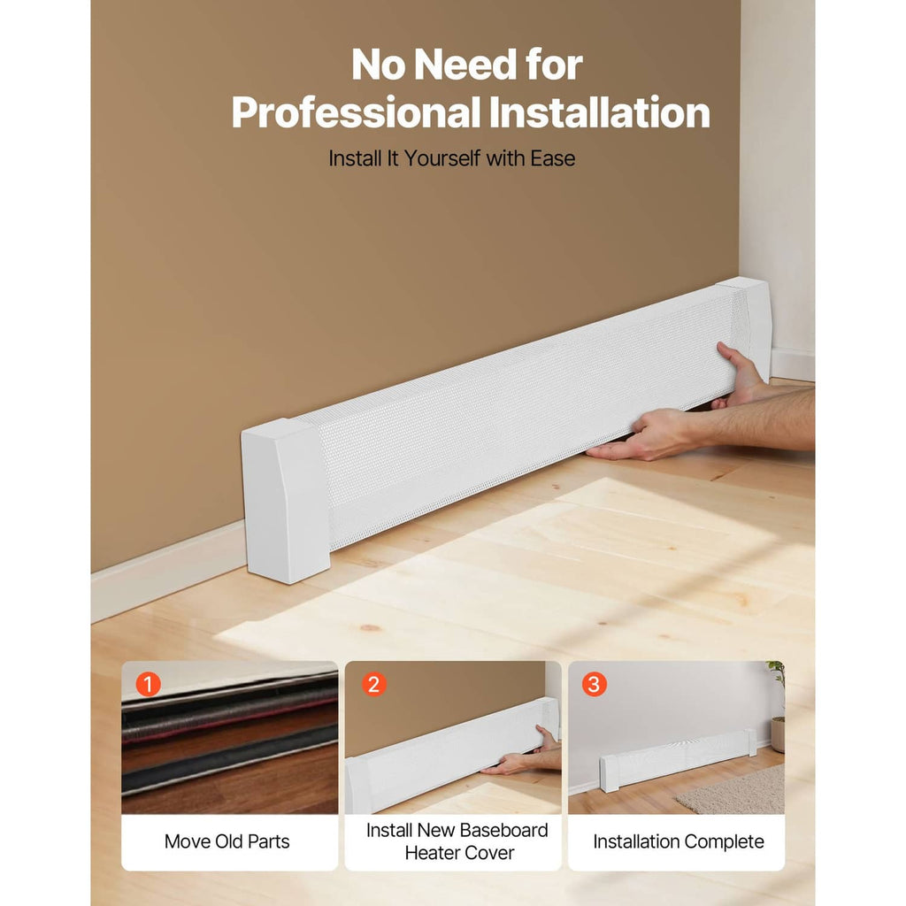White baseboard heater cover ready for DIY installation with a hand holding the unit