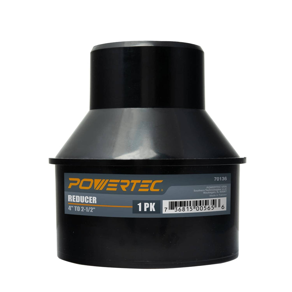 Black POWERTEC cone reducer for 4" to 2-1/2" dust hose adapter