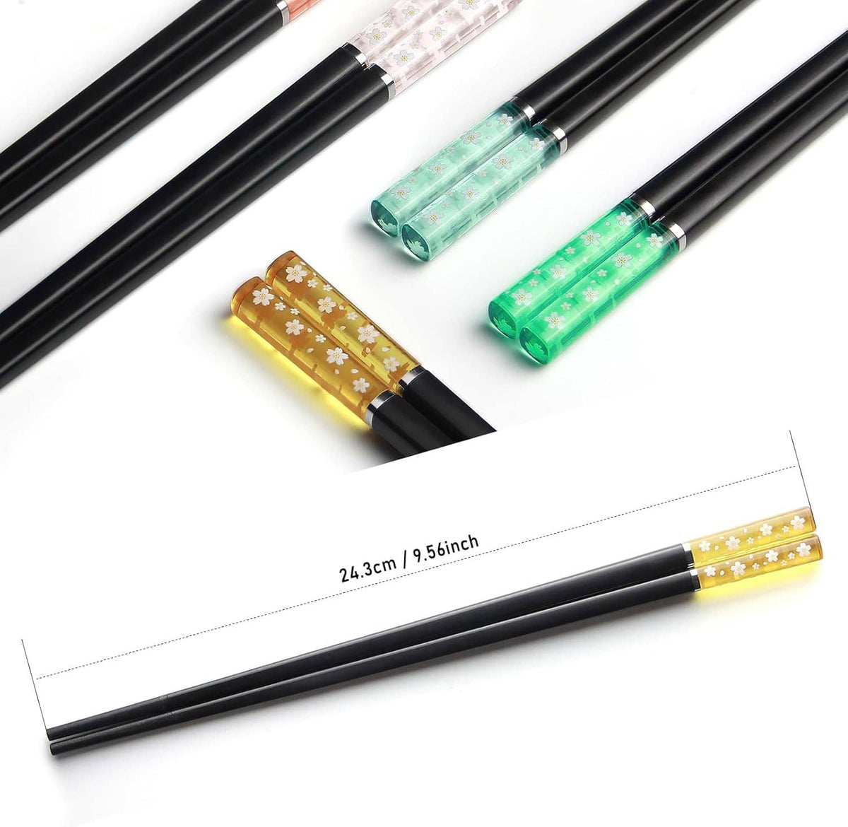 Reusable chopsticks with black bodies and floral clear sleeves, shown with length measurement