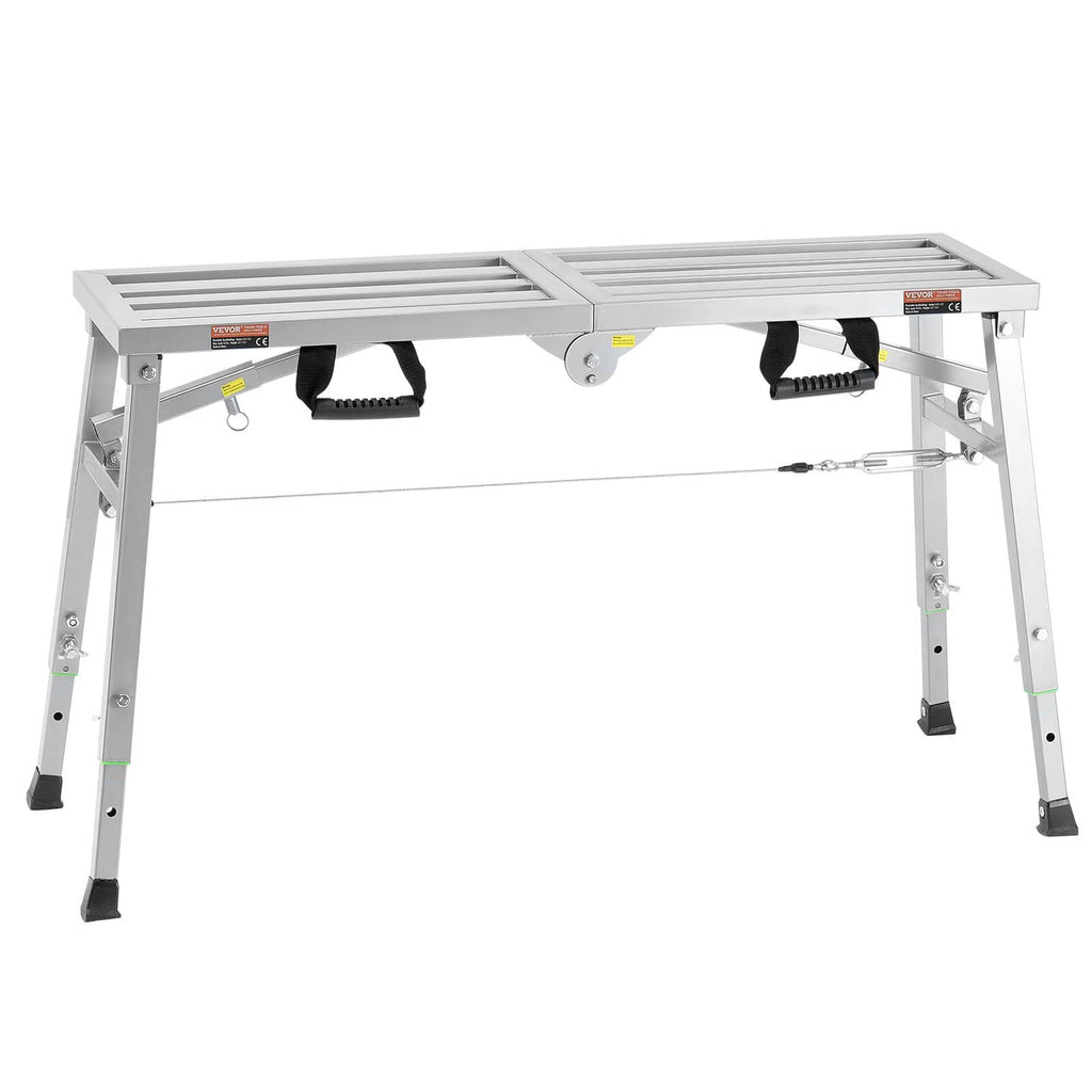 Adjustable height scaffolding platform with gray deck and four leveling legs