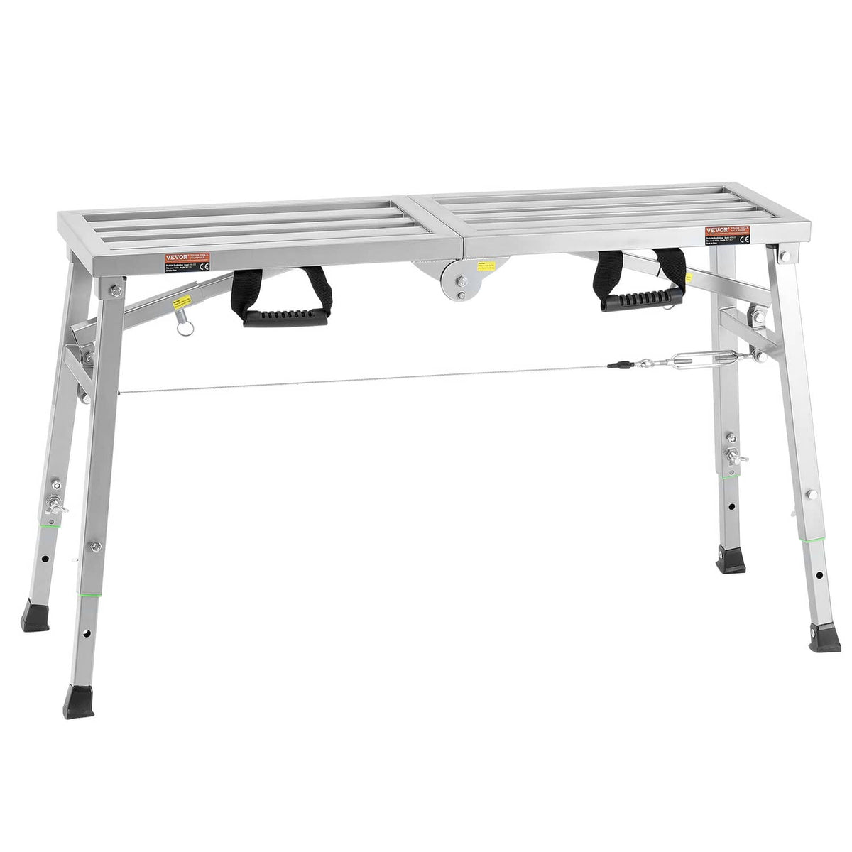 Adjustable height scaffolding platform with gray deck and four leveling legs