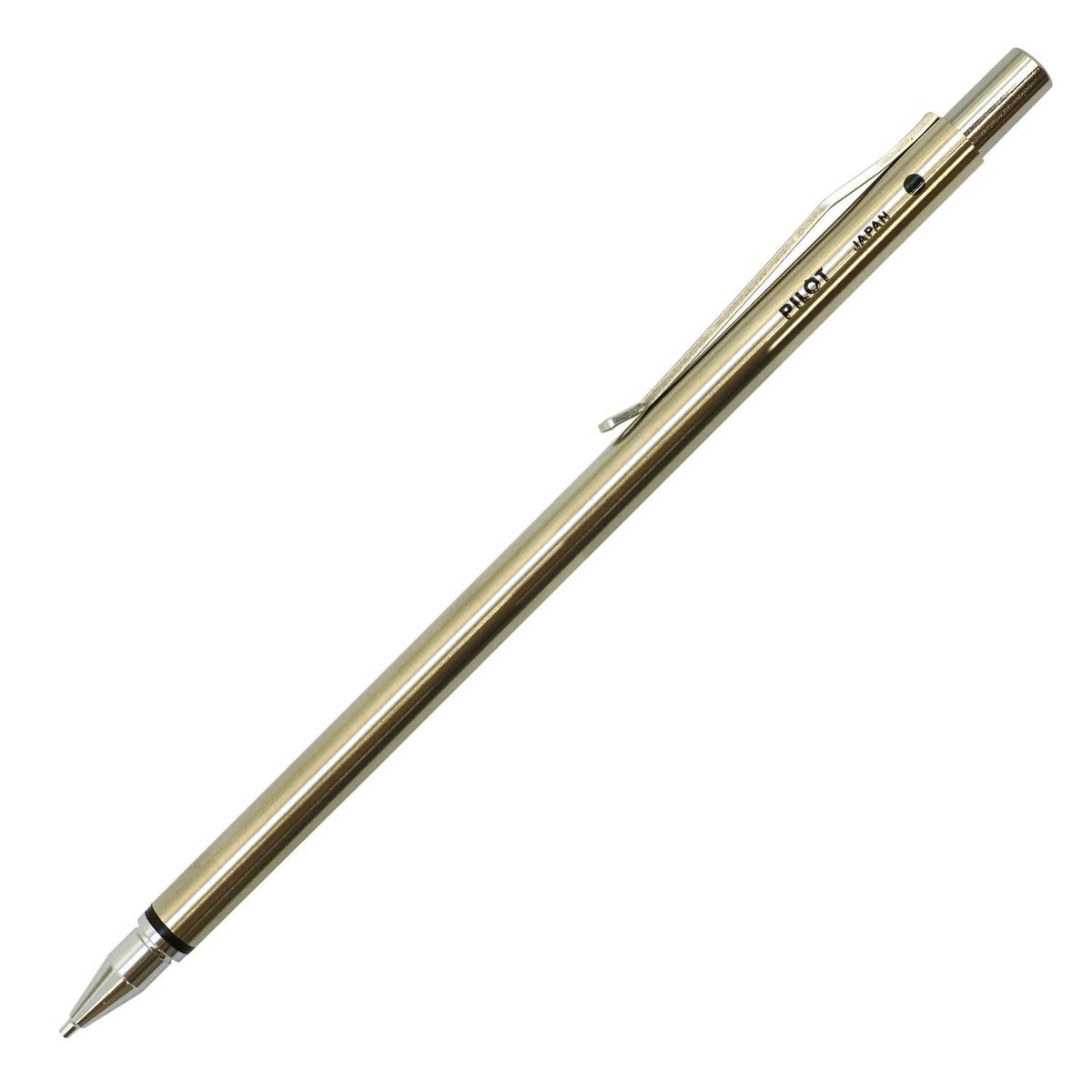 Gold Pilot Birdy switch pen with clip and pointed tip, side view
