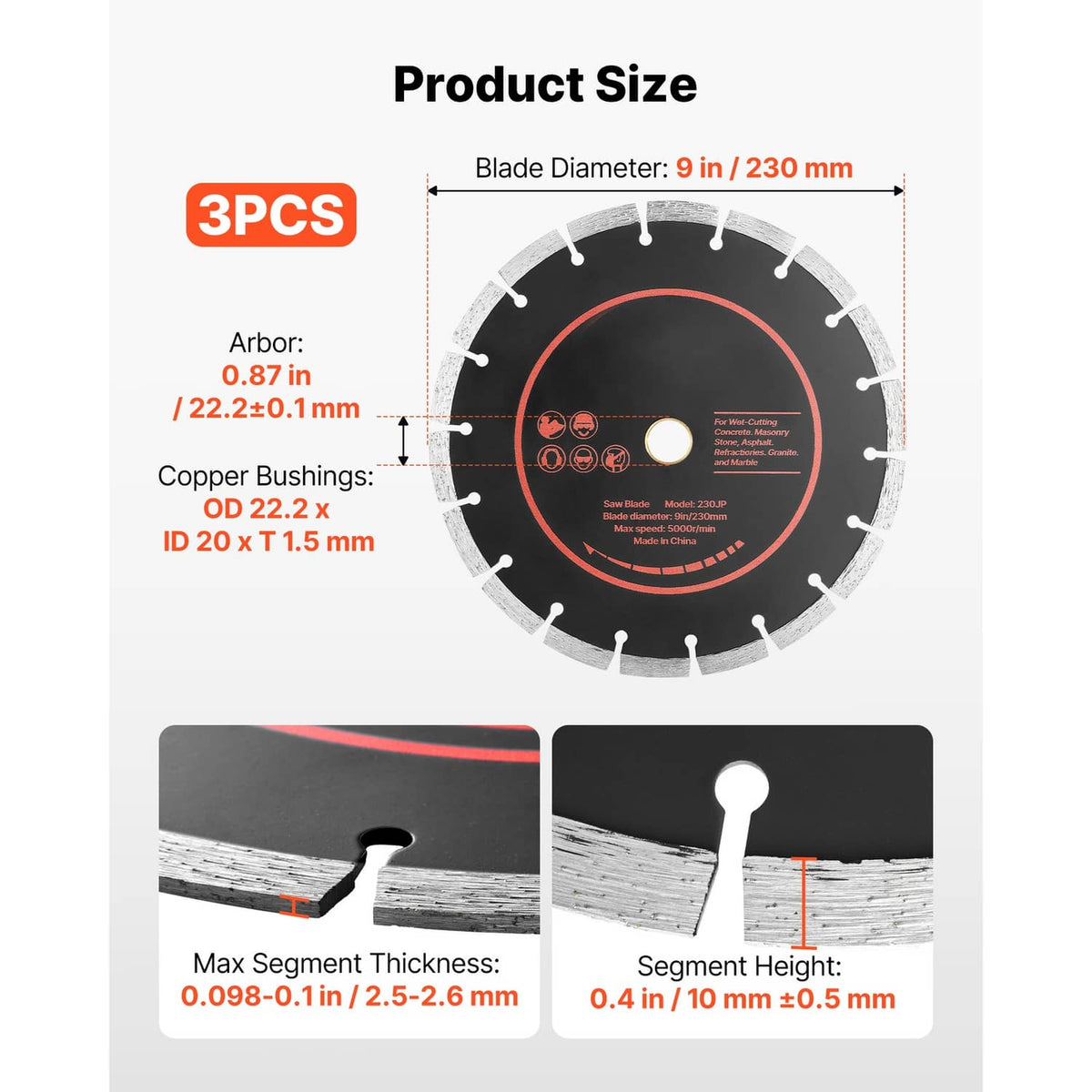 3-pack 9 in diamond saw blades with 7/8 in arbor, size diagram and thickness notes