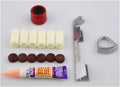 Cue tip repair kit: pale cue tips, dark brown tips, red/black cap, metal tool, glue tube