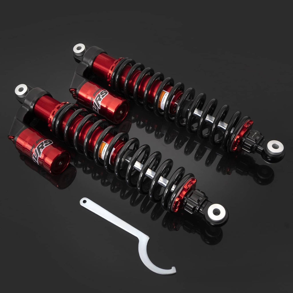 Adjustable rear air shock absorbers with red aluminum bodies, black springs, and mounting hardware