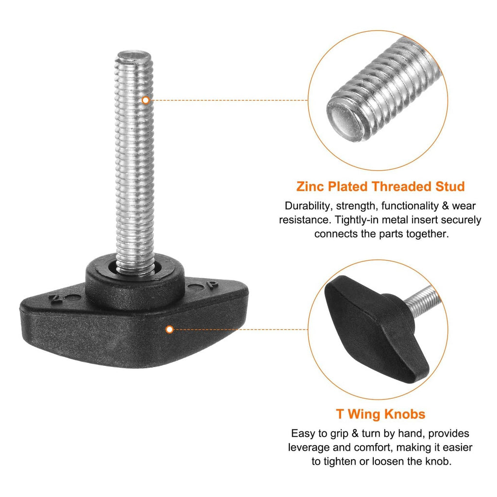 Black wing knobs on zinc plated threaded studs for durable hand tightening