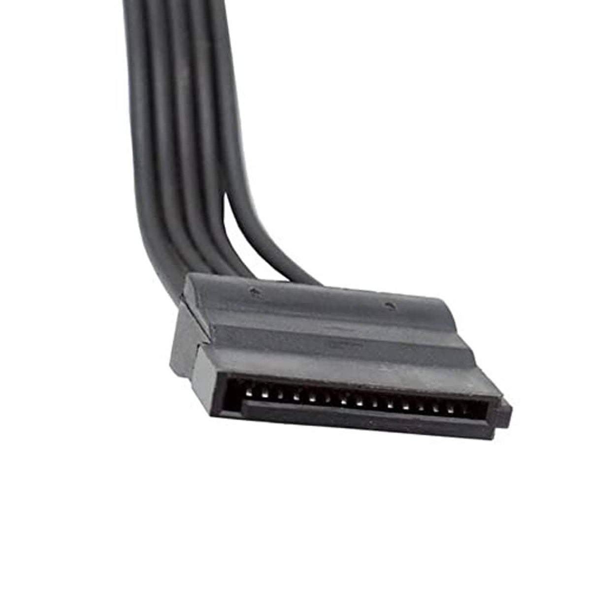 SATA 15-pin power connector end on black Molex-to-SATA cable
