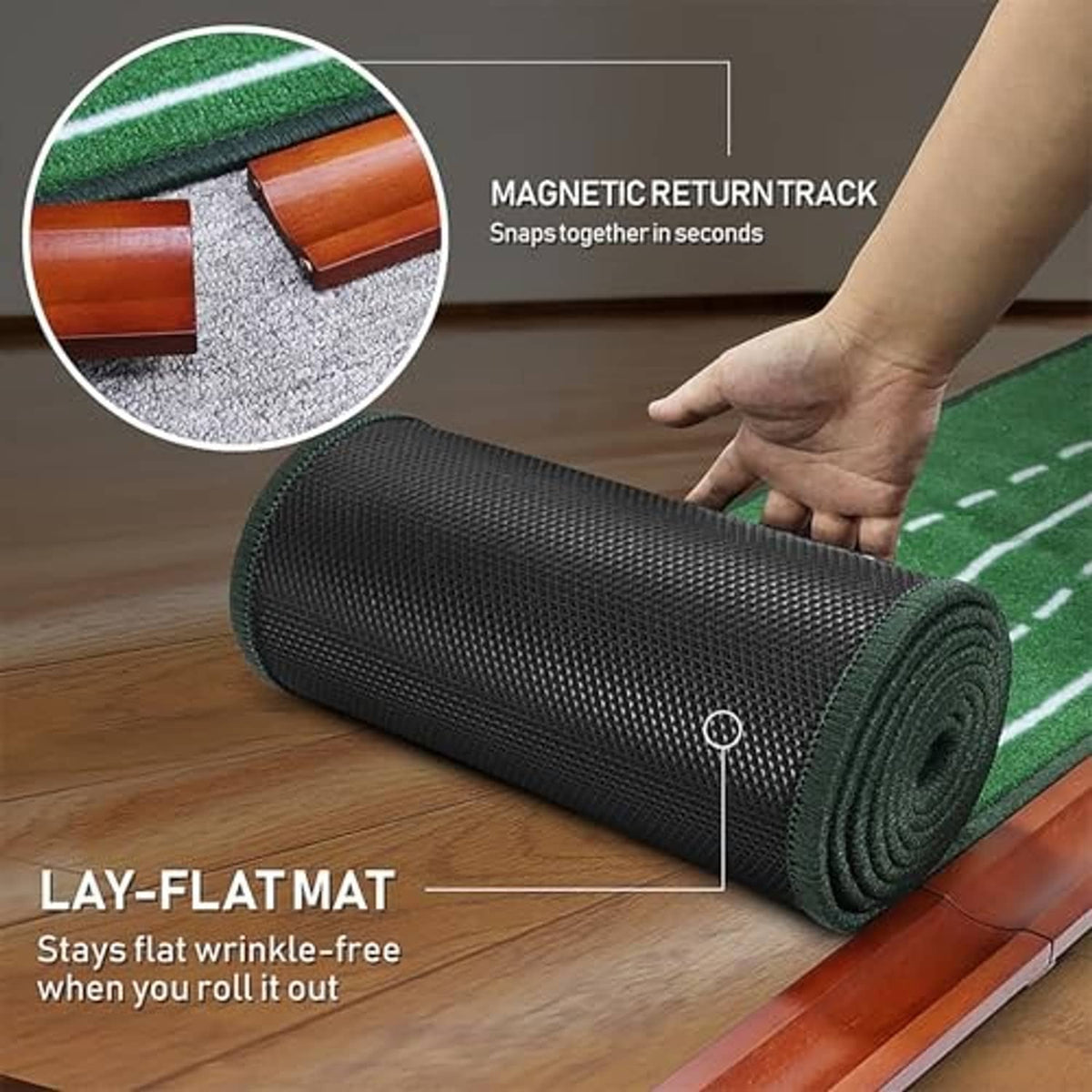 Rolled green-and-brown putting mat with non-slip mat texture, shown near wooden base