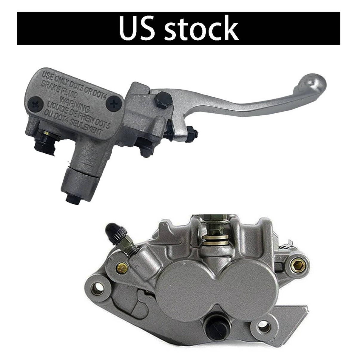 Brake master cylinder and caliper set, gray metal housings with lever and ports