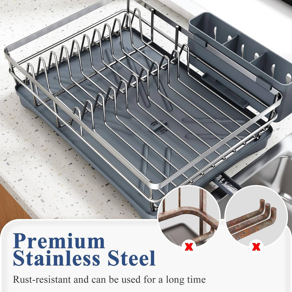 Silver wire dish rack with raised drying grid and side utensil slots.