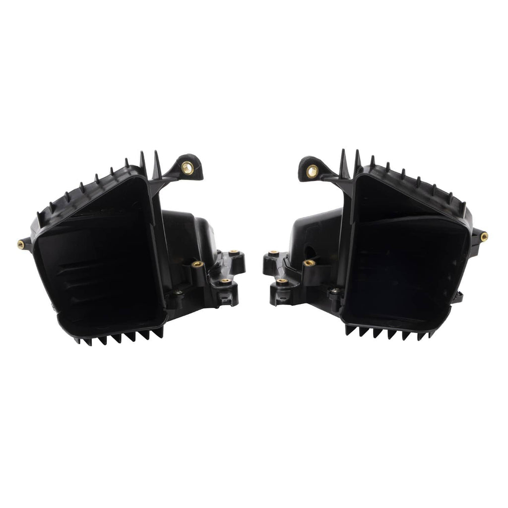 Pair of black glove box housings with open inner sides and fastening hardware
