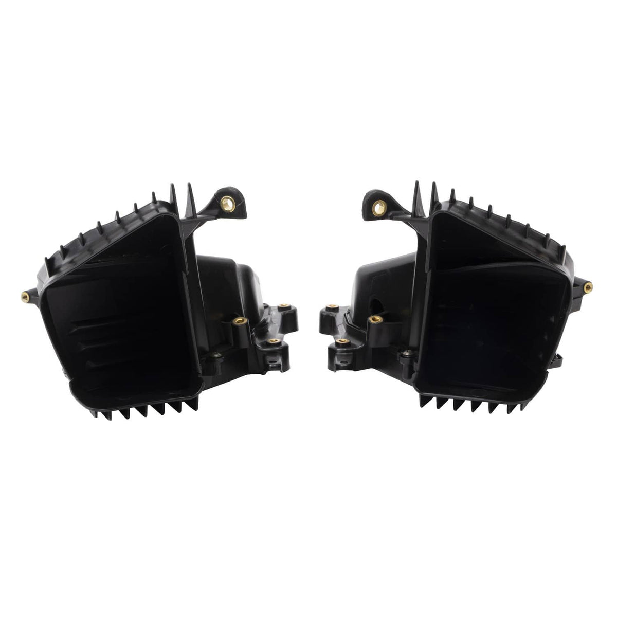 Pair of black glove box housings with open inner sides and fastening hardware
