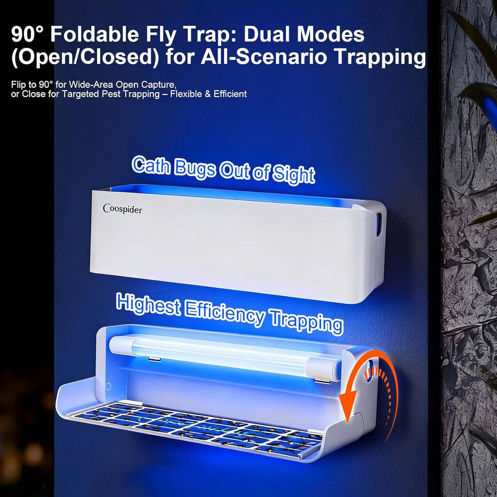 White dual-mode wall fly trap with hinged open tray and blue UV light
