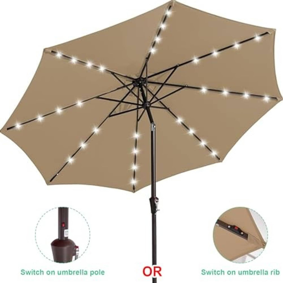Beige patio umbrella with LED lights, pole switch control and rib connector detail
