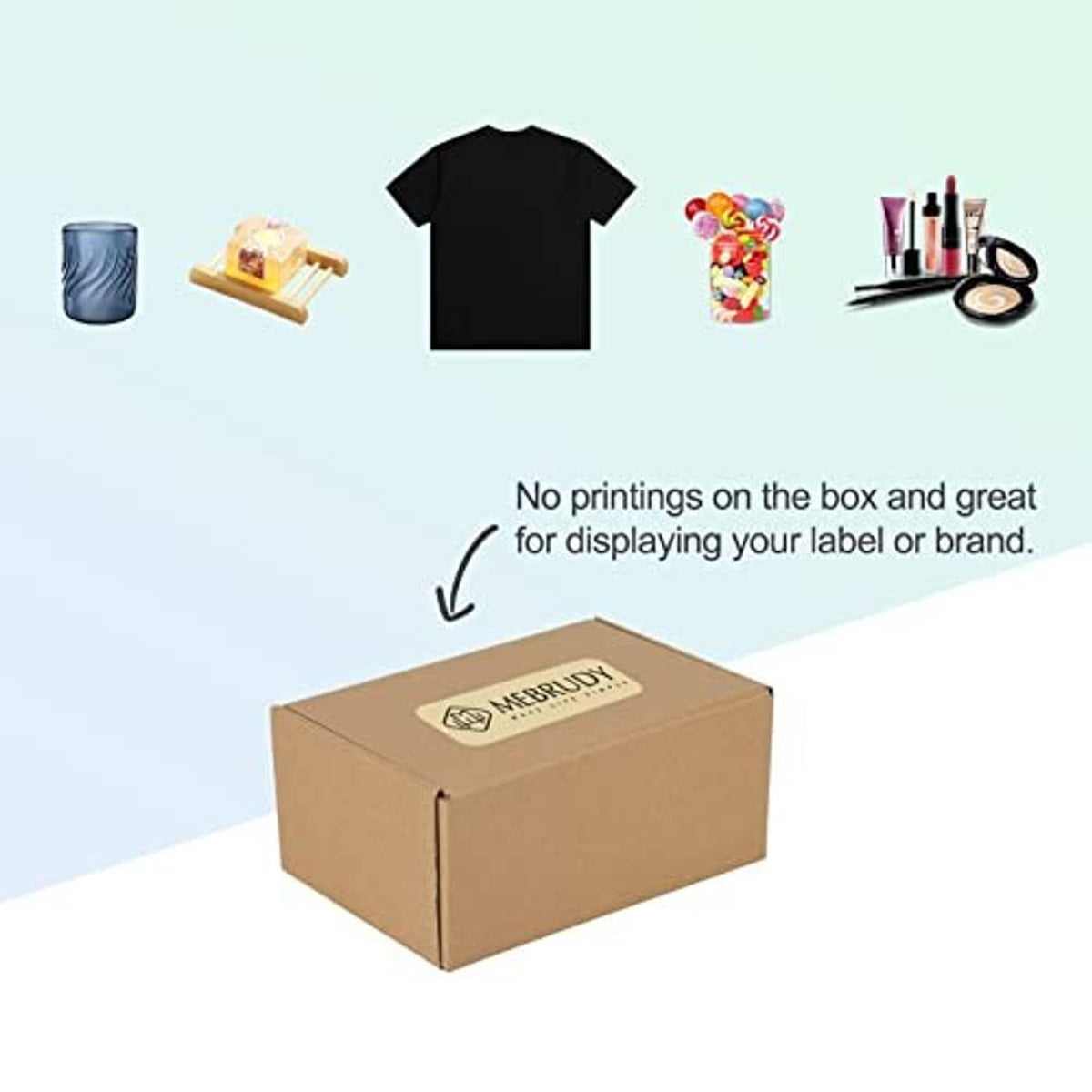 Closed Mebrudy corrugated shipping box with top flap and logo on front