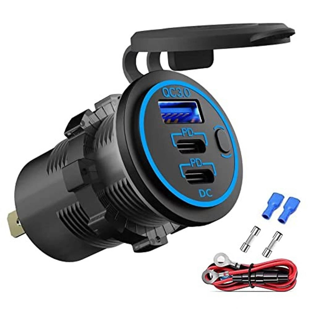Black 12V car USB charger with two USB-C ports and QC/PD labels, blue ring