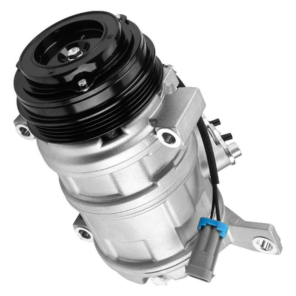 A/C compressor with clutch, silver body and black pulley with electrical connector