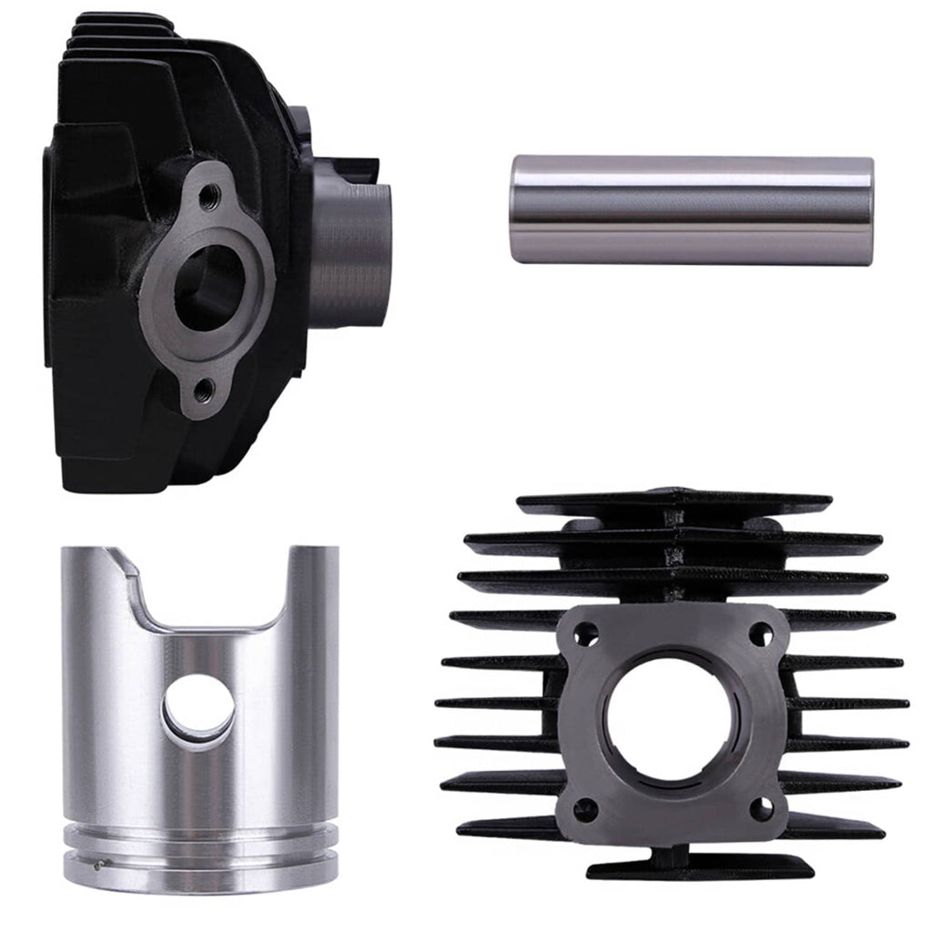 Cylinder piston gasket set parts close-up: black cylinder, silver piston, and cooling fins