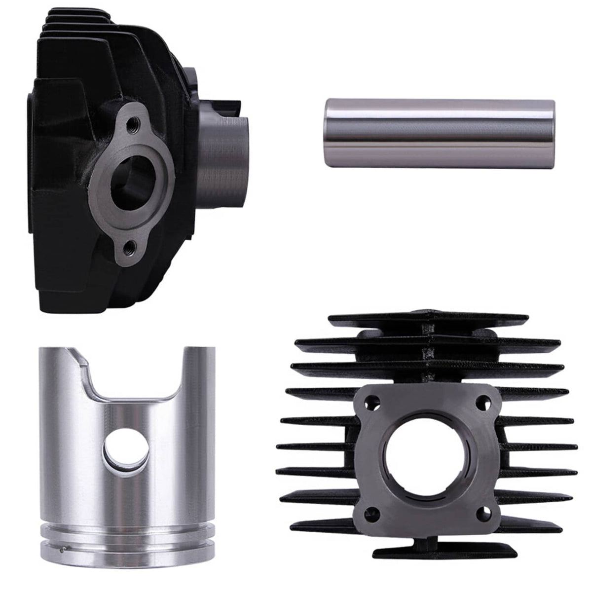 Cylinder piston gasket set parts close-up: black cylinder, silver piston, and cooling fins