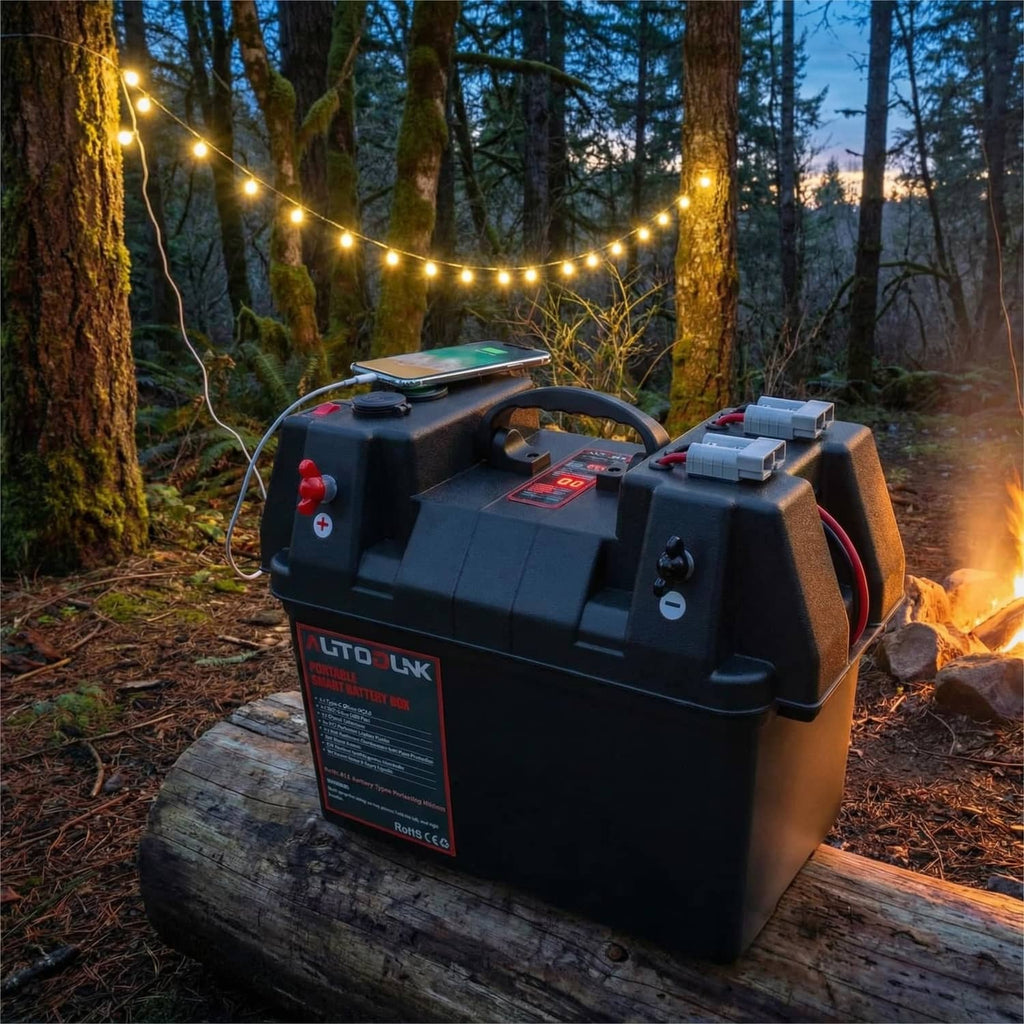 Portable battery power box on outdoor wood surface with cables and top terminals