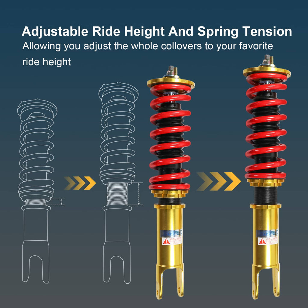 Adjustable coilover strut shocks with gold body, red coil springs, and top caps