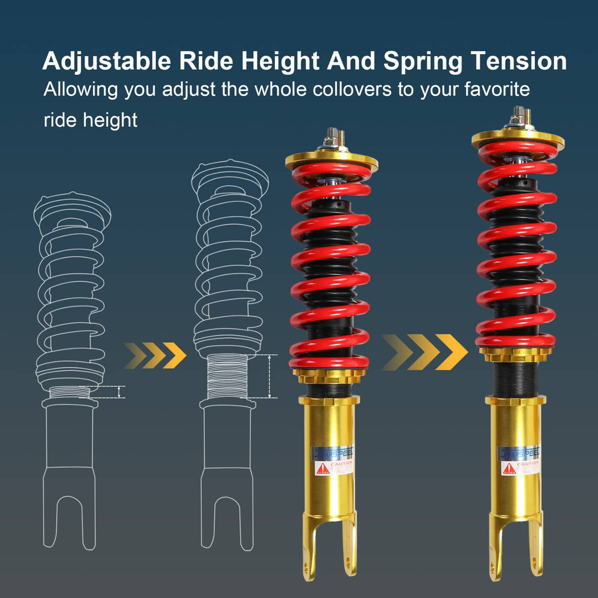 Adjustable coilover strut shocks with gold body, red coil springs, and top caps