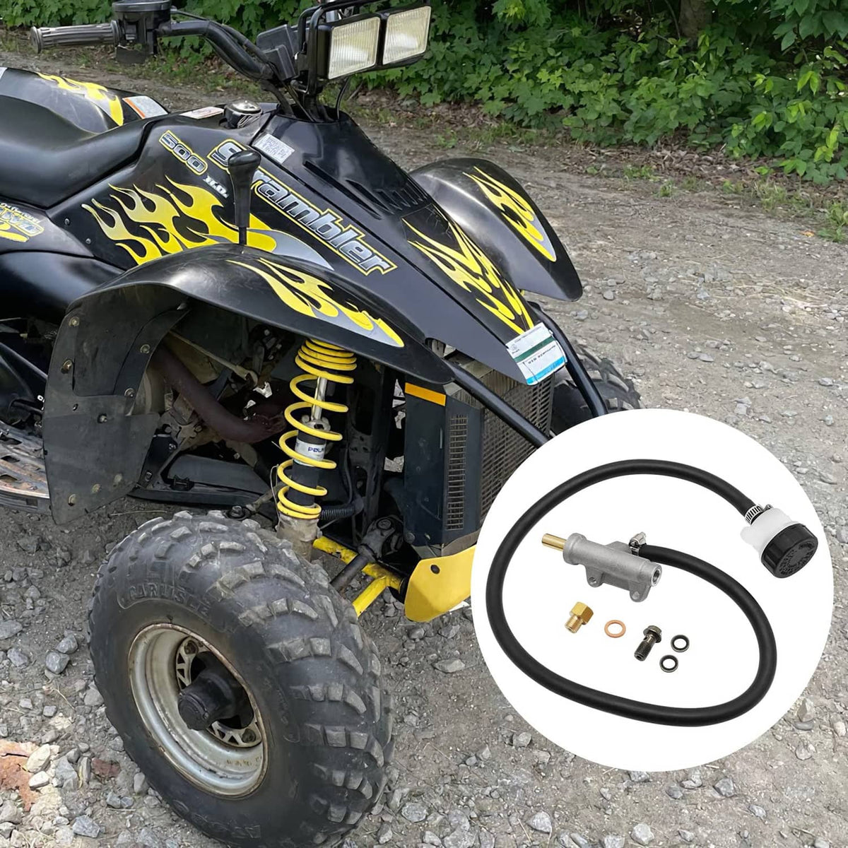 ATV with rear brake master cylinder kit shown in inset