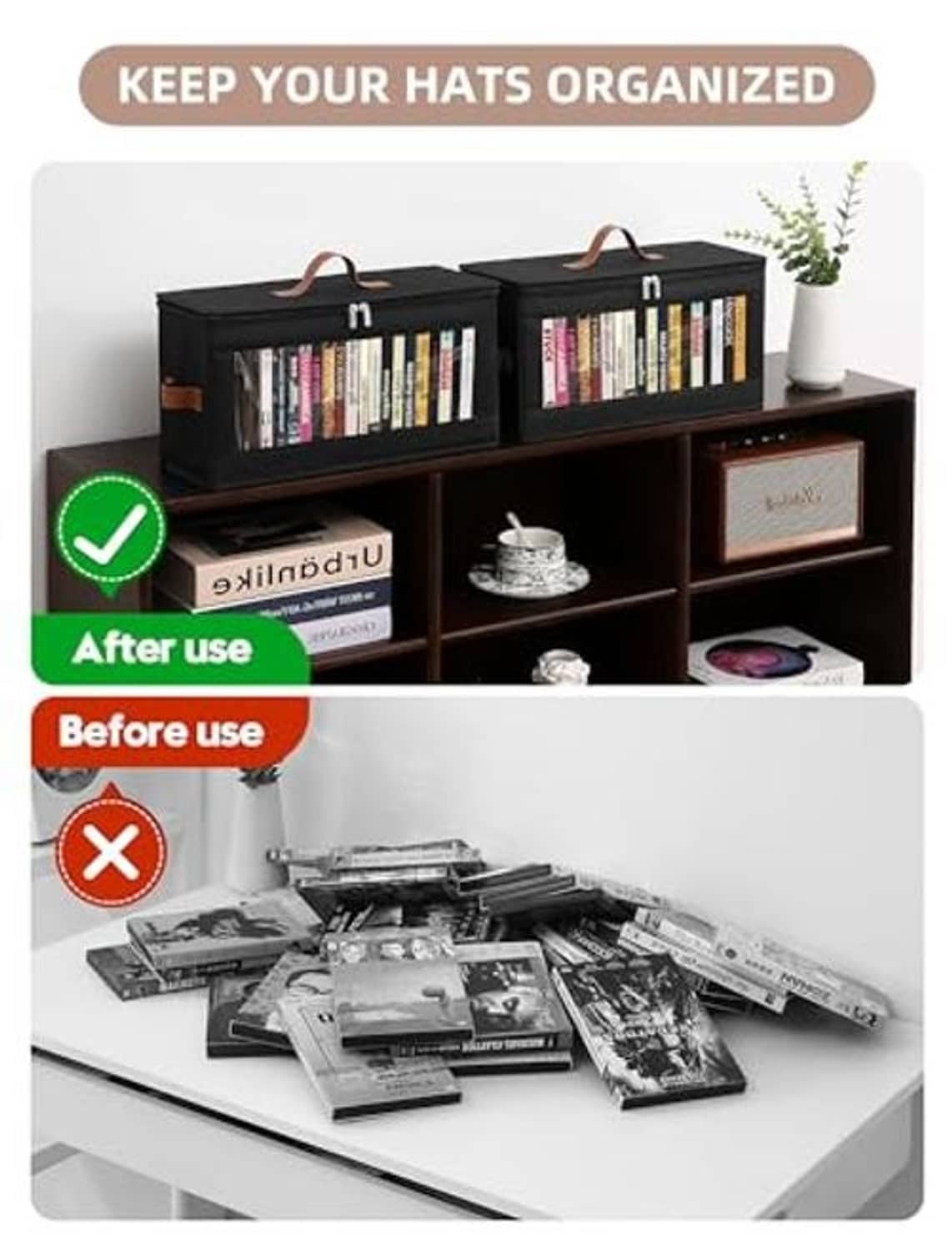 Black fabric media storage box with zip lid, DVDs neatly arranged inside
