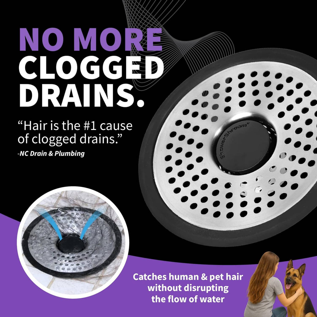 Stainless steel shower drain hair catcher strainer with round perforated plate and black rim
