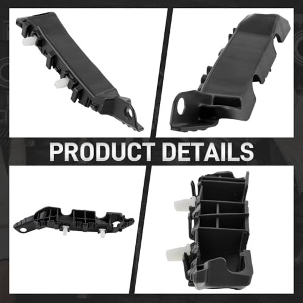 Black bumper bracket set with clip channels and mounting hole openings