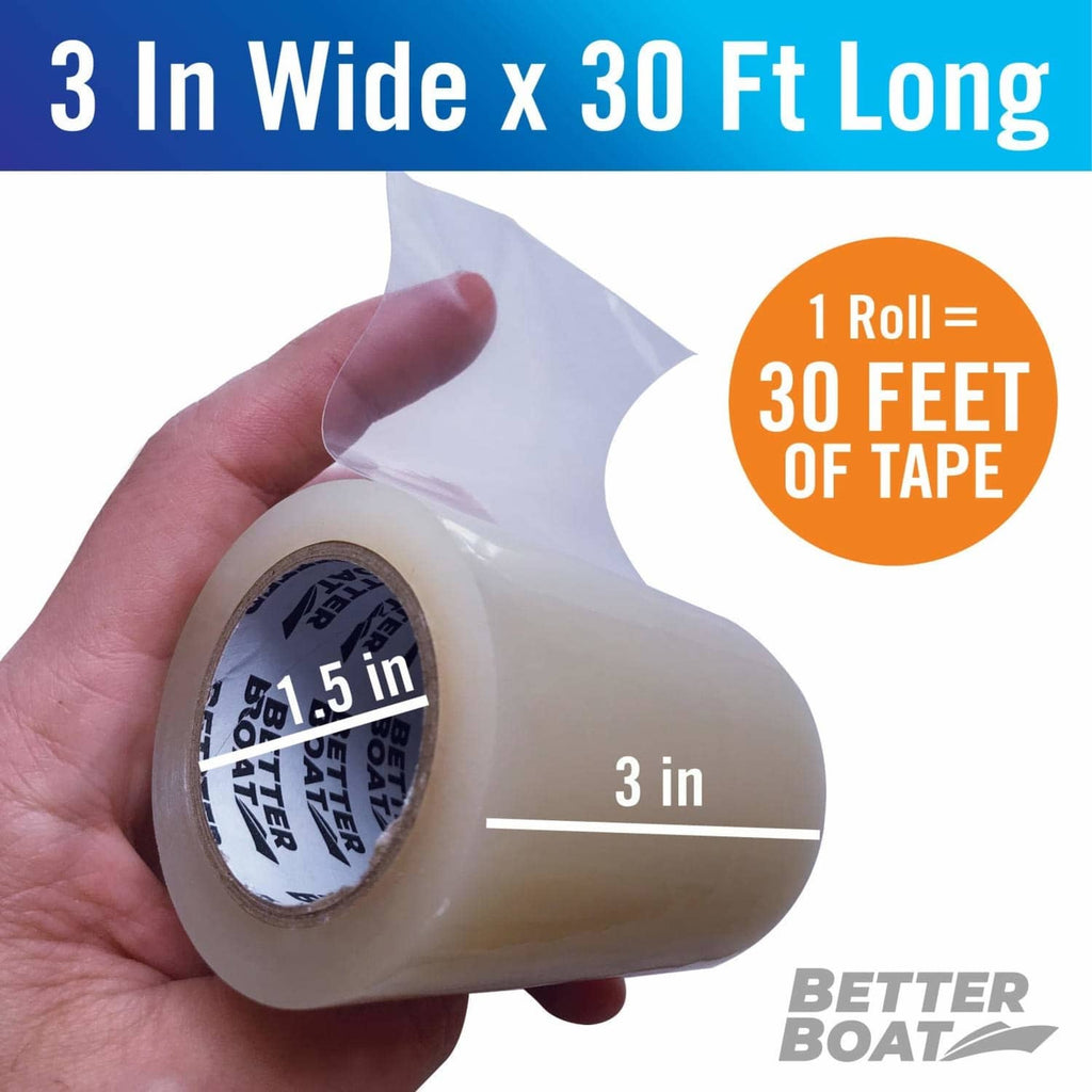 Clear repair tape roll held in hand, 3 in wide x 30 ft long