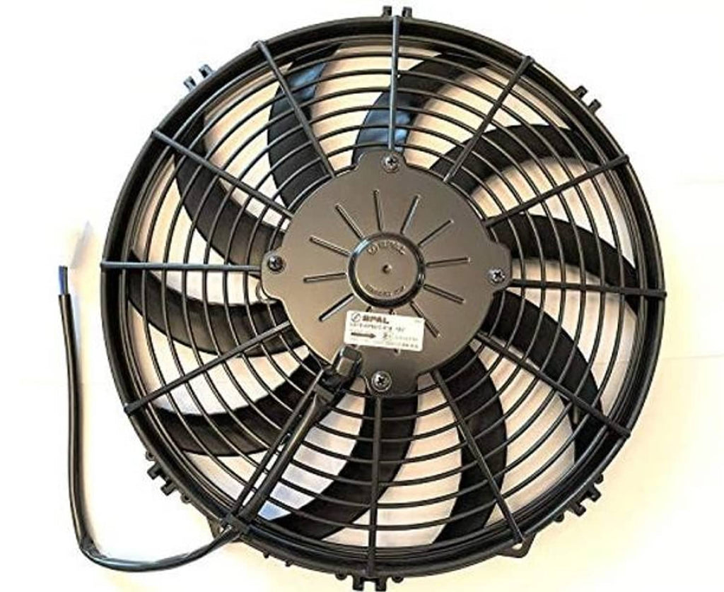 12V puller fan front view with black wire grill, dark blades, and central control hub